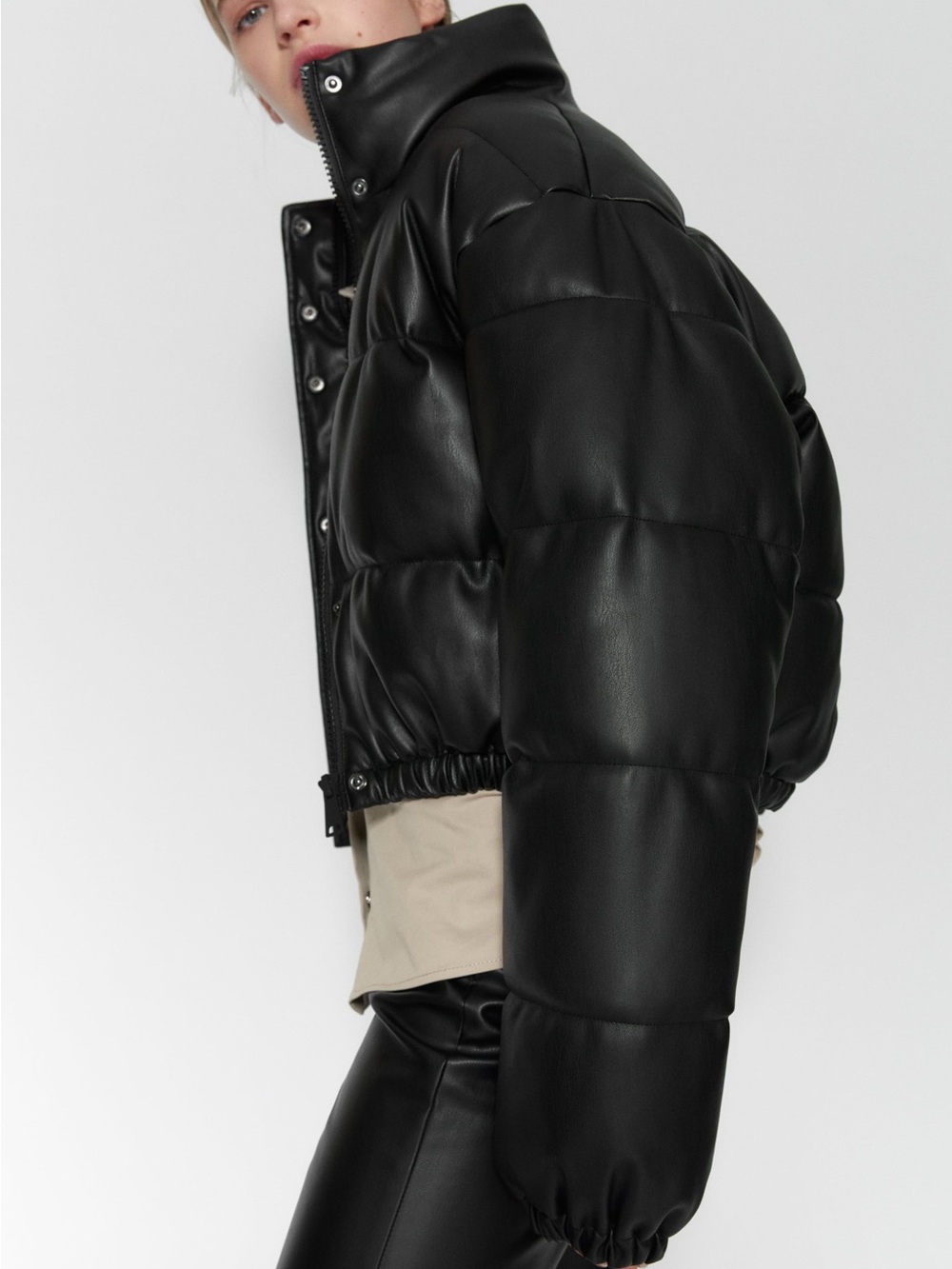 Zara Black Funnel Puffer Faux Leather Jacket size Large perfect oversized chic
